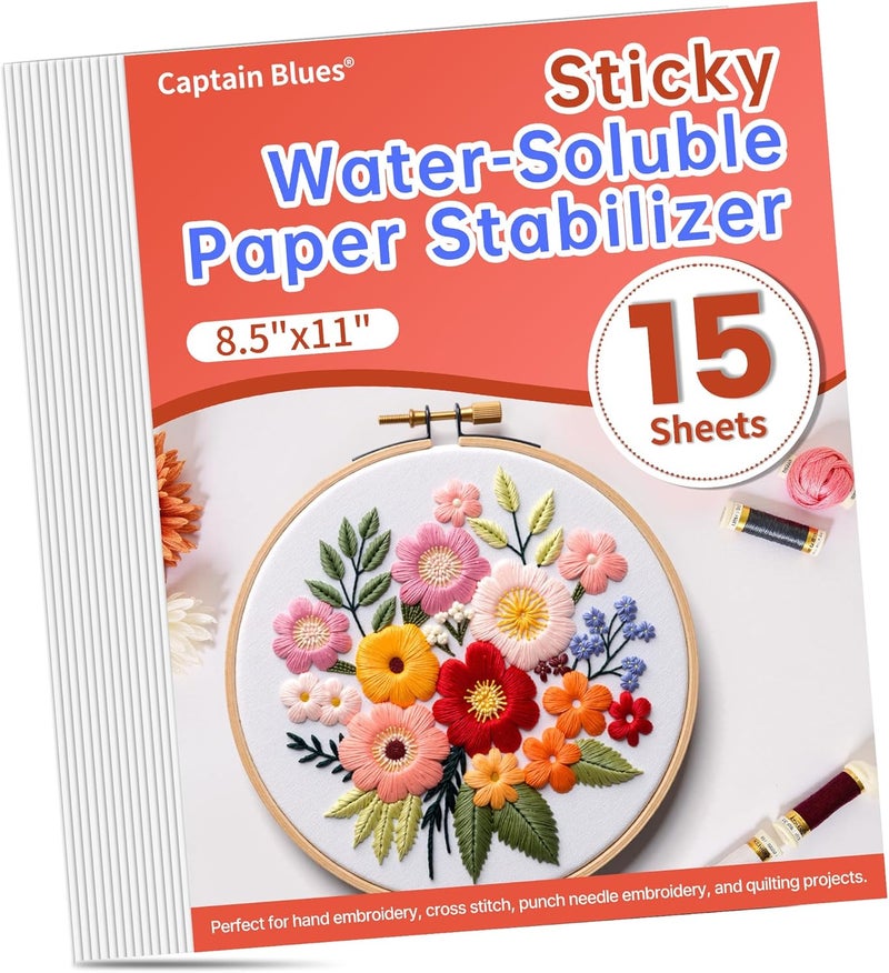 Captain Blues 15PCS 8.5"x11" Sticky Water Soluble Stabilizer for Embroidery - Medium Weight Wash Away Embroidery Stabilizer, Printable & Draw-Ready Patterns for Hand & Machine Embroidery - Image 1